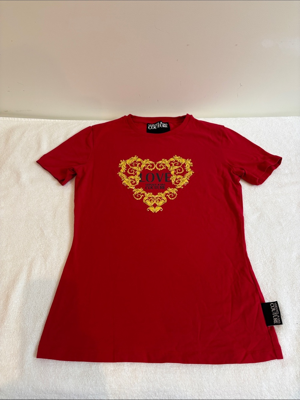 Versace Red Short Sleeve Tee with Gold Heart Motif